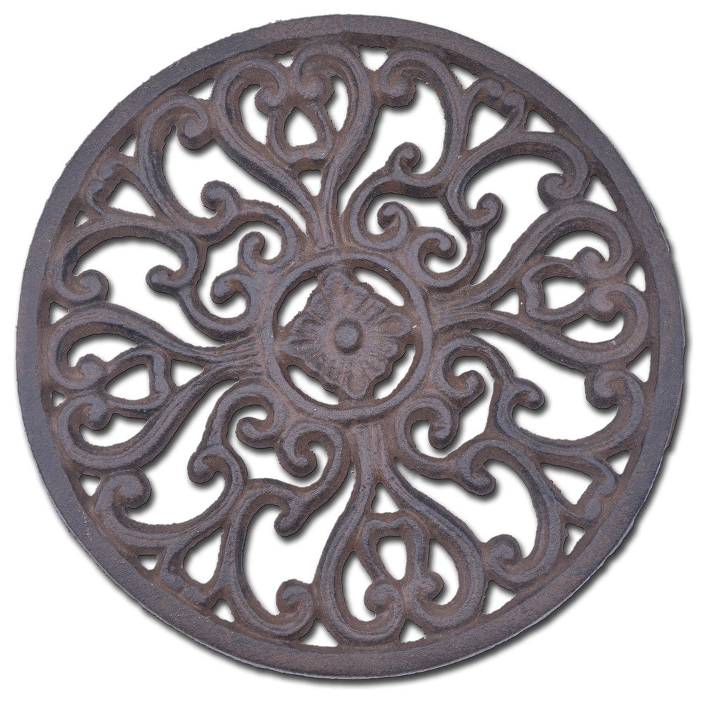 Decorative Round Cast Iron Trivet, Ornate Heart Design, 7" Wide