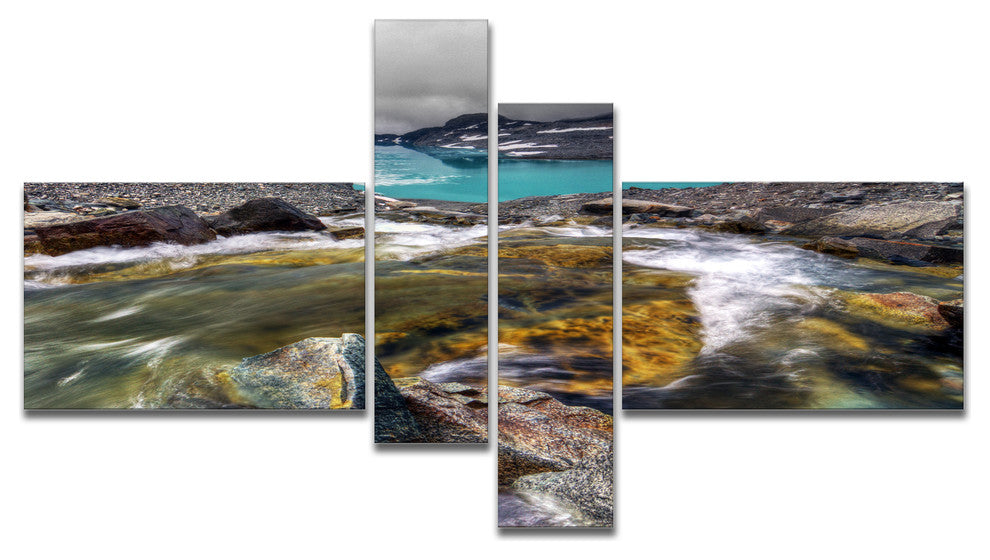 Mountain Creek Flowing into Lake, Large Landscape Canvas Art, 60"x32", 4 panels