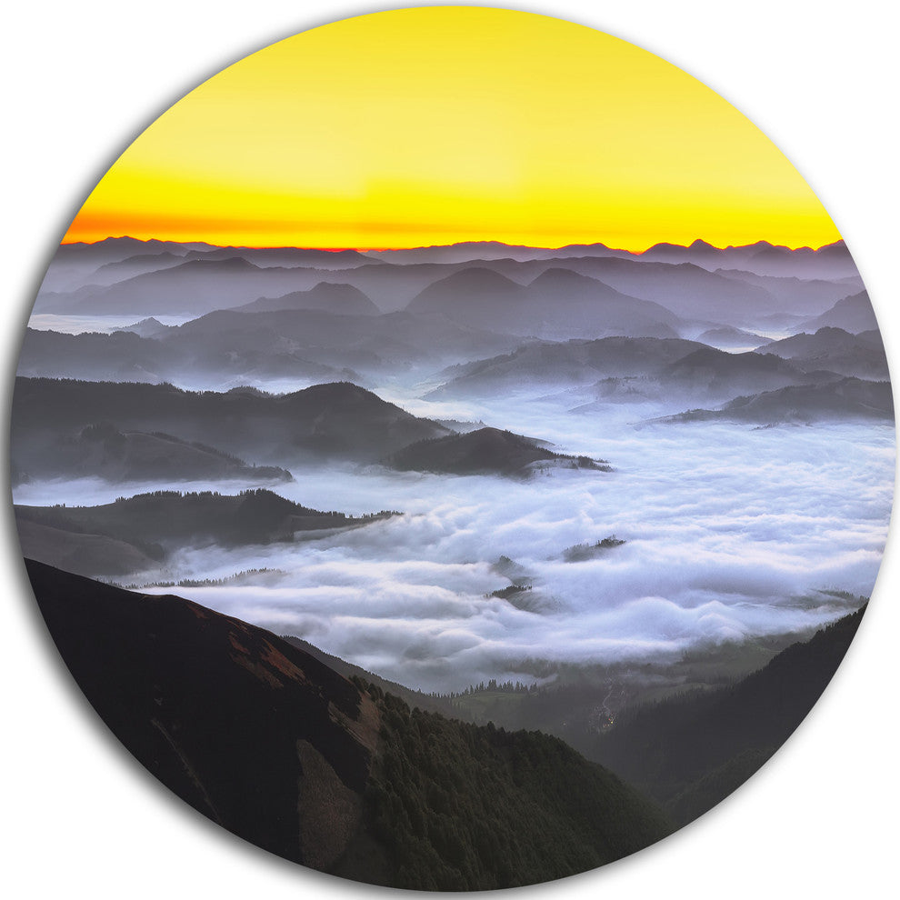 Yellow Sky And Foggy Mountains, Landscape Round Wall Art, 23"