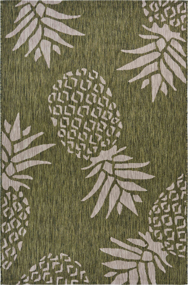 5' X 7' Green Floral Indoor Outdoor Area Rug