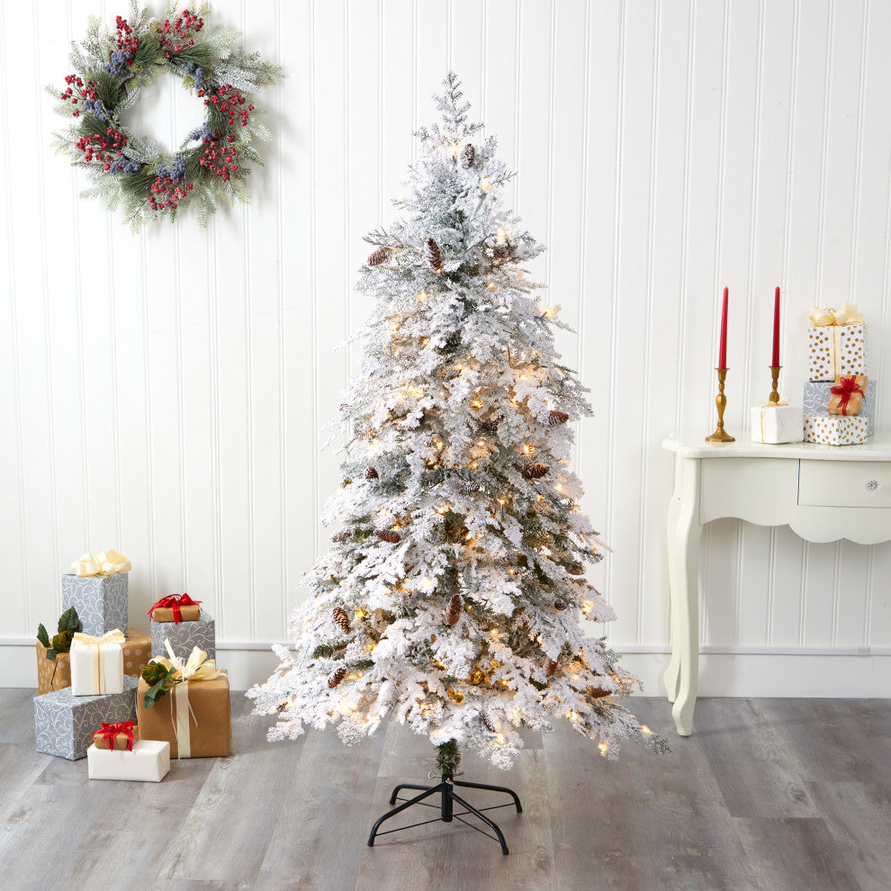 6' Flocked Montana Down Swept Spruce Faux Xmas Tree With 250 Clear LED Lights