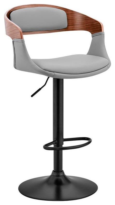 Benson Adjustable Gray Faux Leather and Walnut Wood Bar Stool with Black Base