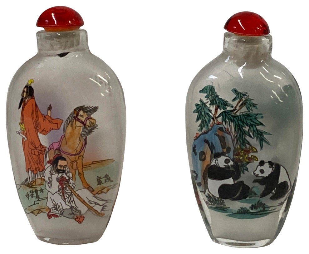2 x Chinese Glass Snuff Bottle Scholars Pandas Graphic Hws1330