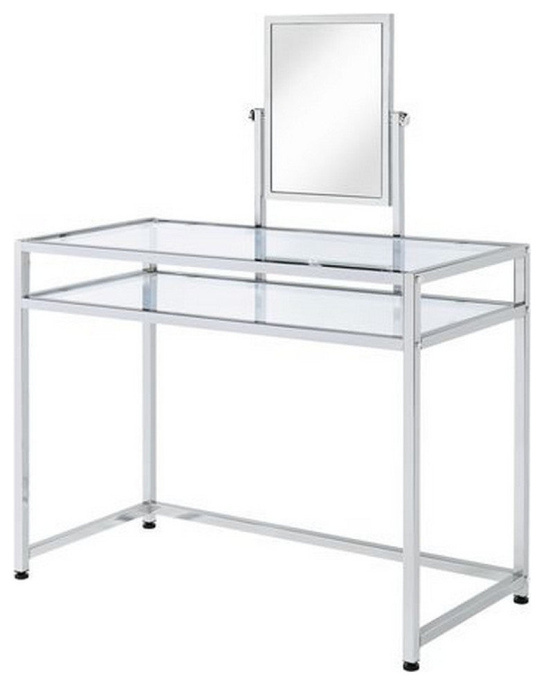 Benzara BM275480 2 Piece Metal Vanity Set, Tempered Glass, Faux Fur Seat, Silver