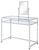 Benzara BM275480 2 Piece Metal Vanity Set, Tempered Glass, Faux Fur Seat, Silver