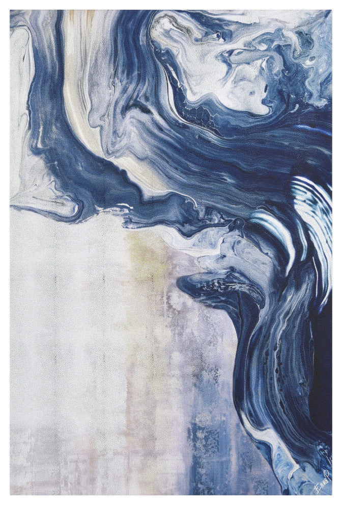 "Ocean Whispers" Blue Waves Rendered on Silver Shagreen Wrapped Canvas Wall Art