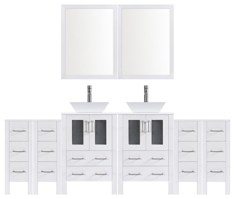 Modern Vanity Set With Two Sink Bases With Mirrors and Four Drawer Bases, White,