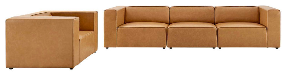 Armchair and Sofa Set, Faux Vegan Leather, Tan, Modern, Lounge Hospitality