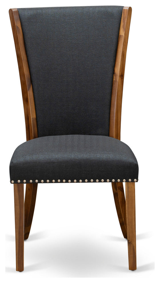 Set Of 2, Dinner Chairs, Antique Walnut Wooden Frame, Black Seat
