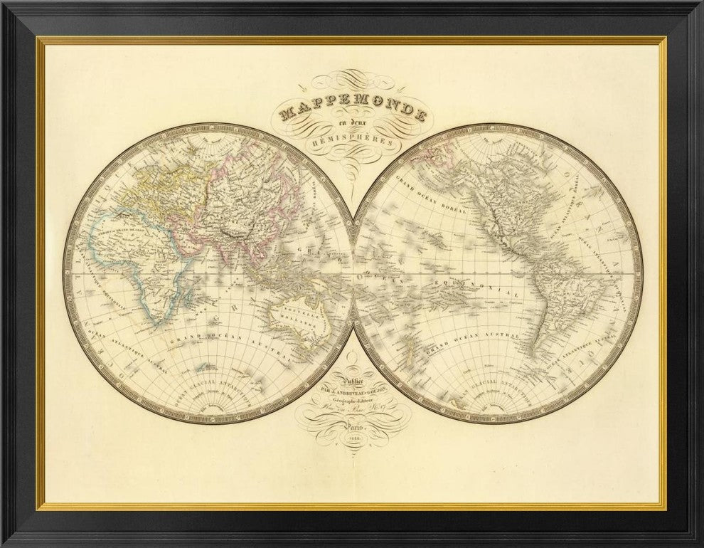 "Mappemonde, 1849" Framed Canvas Giclee by J. Andriveau-Goujon, 34x27"