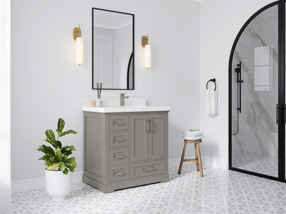 Boston 36 Right Offset Bath Vanity in Elephant Skin Gray 2" White Quartz
