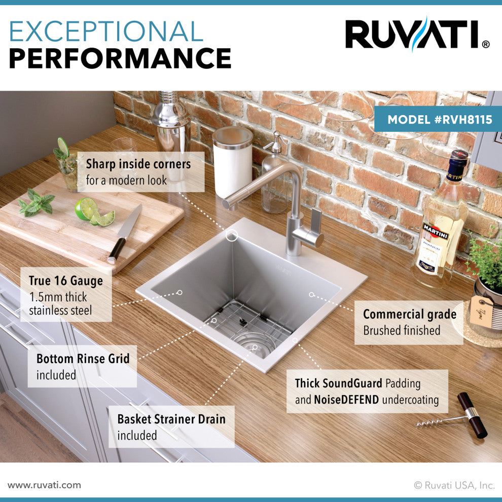 Ruvati RVH8115 15x15" Single Bowl Stainless Steel 16 Gauge Bar Prep Sink