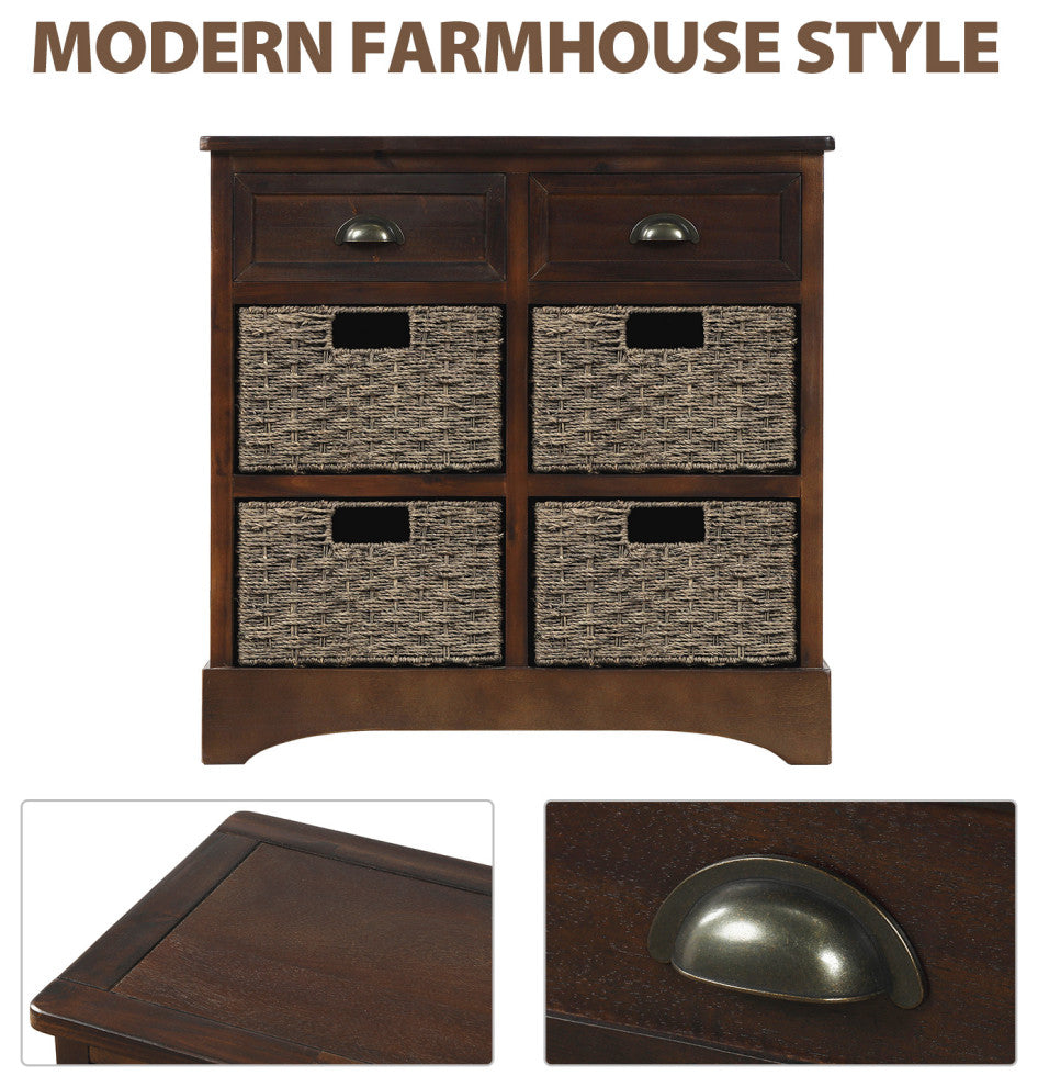 28" Wood 2 Drawers Storage Cabinet with 4 Rattan Basket, Espresso, 28" Tall
