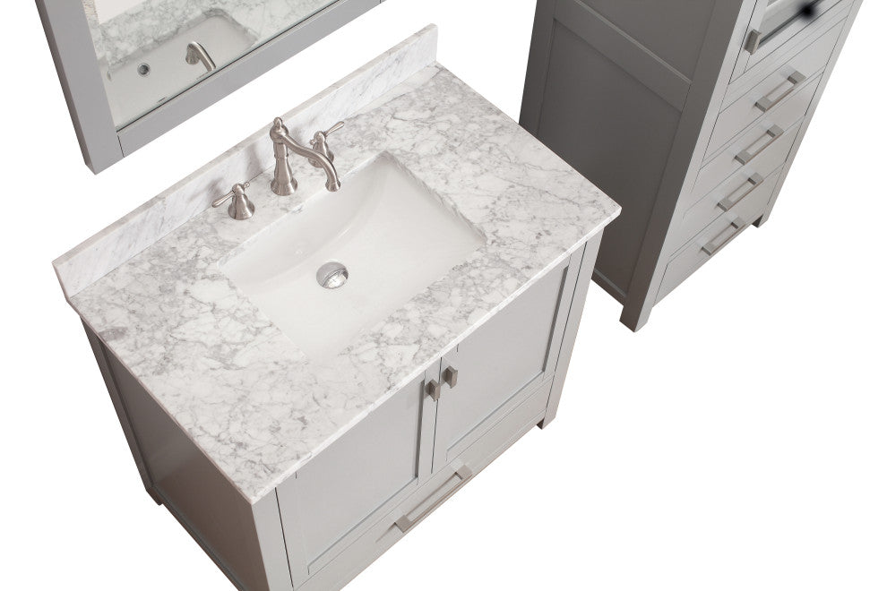 Avanity Modero 36" Vanity, Chilled Gray Finish, Carrera White Marble Top