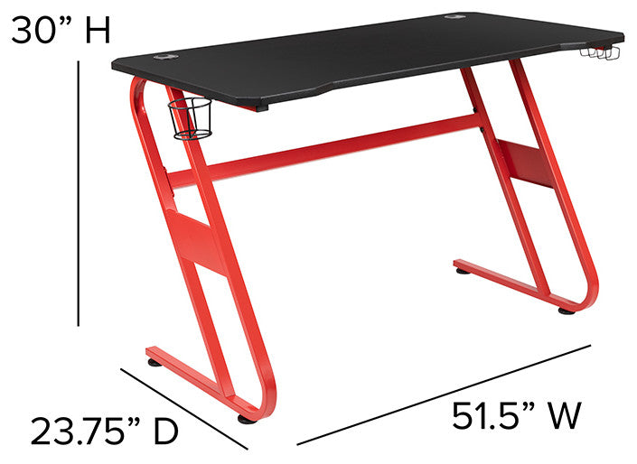 Red Gaming Desk and Black Racing Chair Set with Cup Holder and Headphone Hook