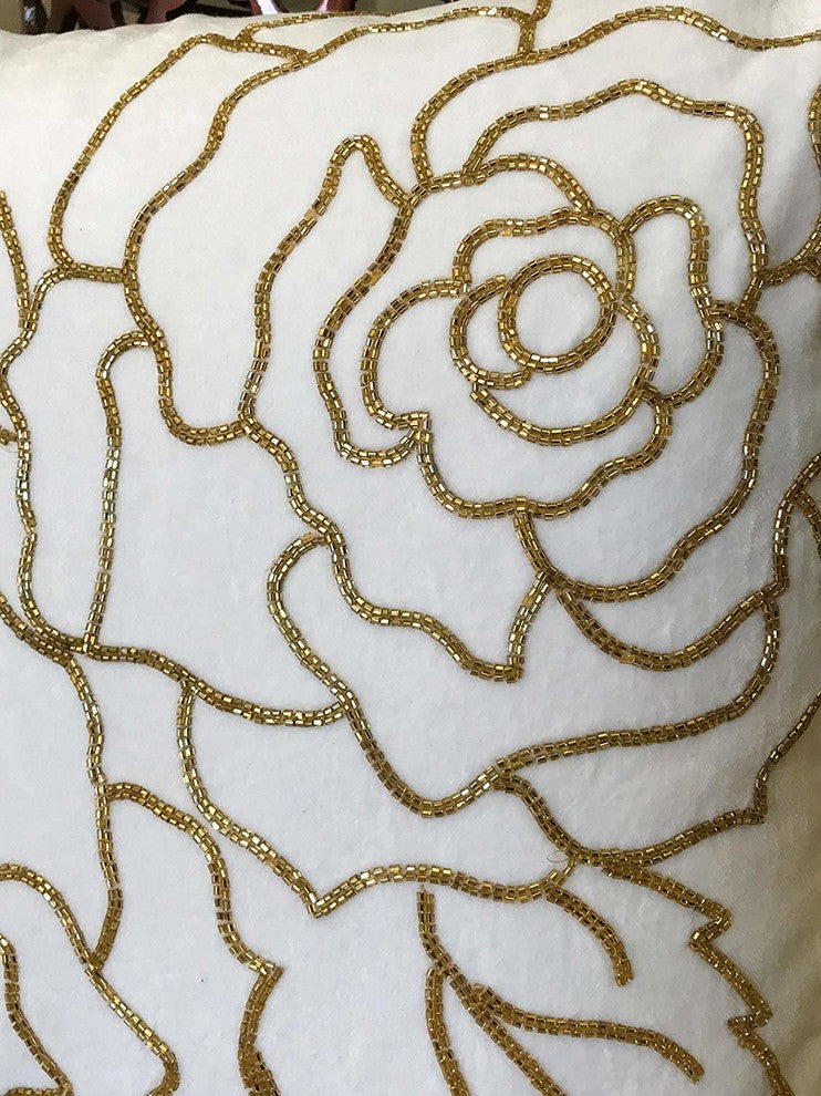 Isabella 18" Crafted Velvet Decorative Throw Pillow Cover, Gold Rose Pattern