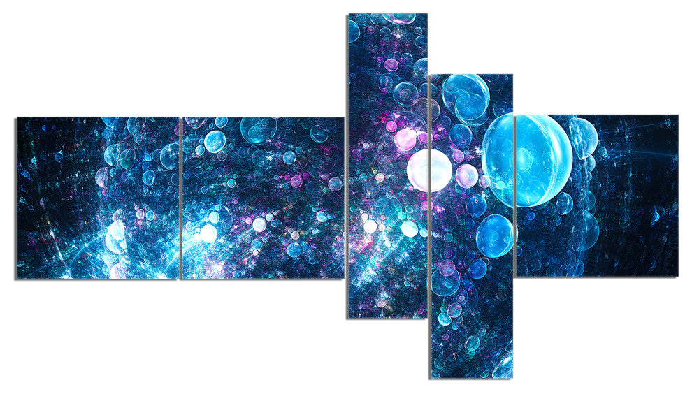Blue Spherical Planet Bubbles, Abstract Canvas Art Print, 60"x32", 5 panels