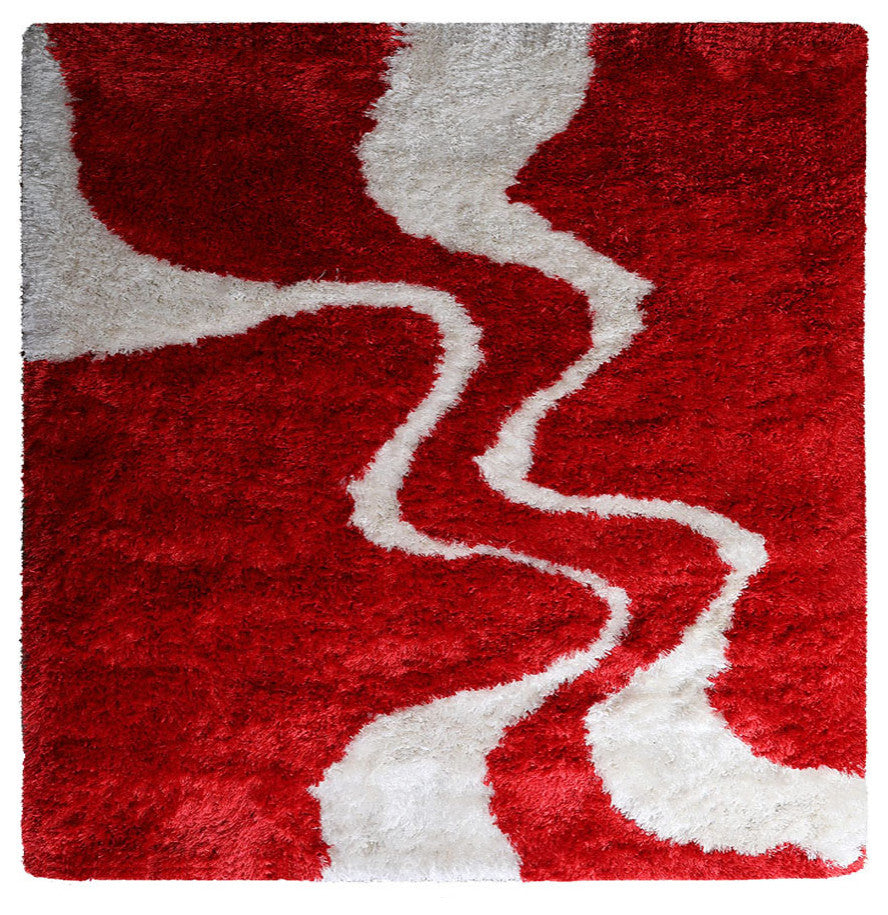 Hand Tufted Shag Polyester Area Rug Contemporary Red White, [Square] 8'x8'