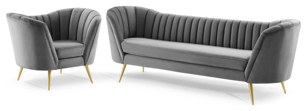 Armchair and Sofa Set, Velvet, Gray, Modern, Living Lounge Hospitality