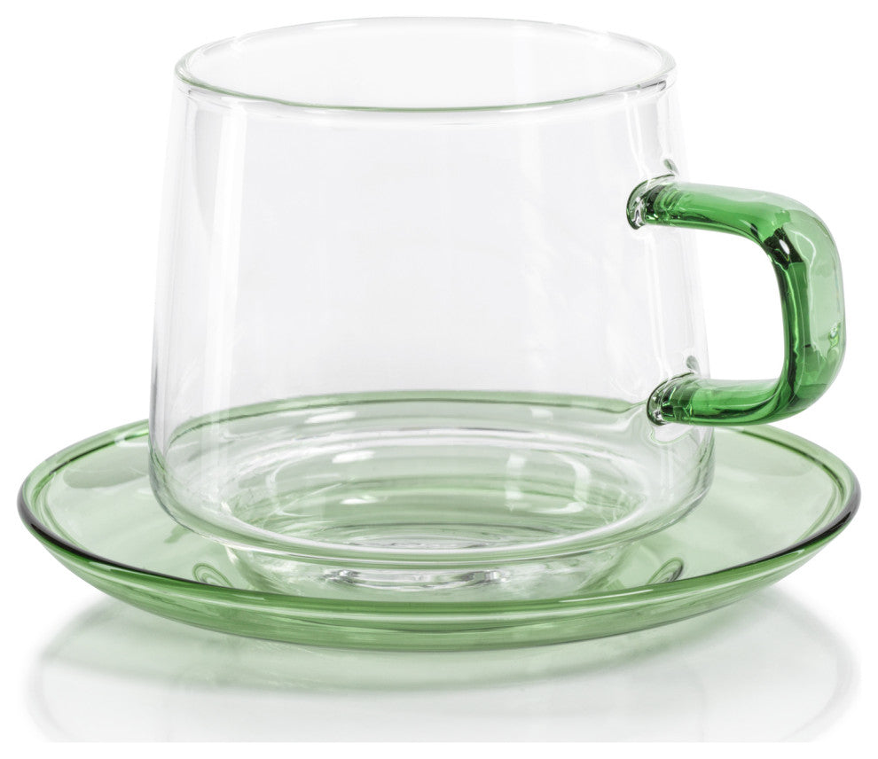 Bergamo Glass Tea and Coffee Cups and Saucers, Set of 4, Green