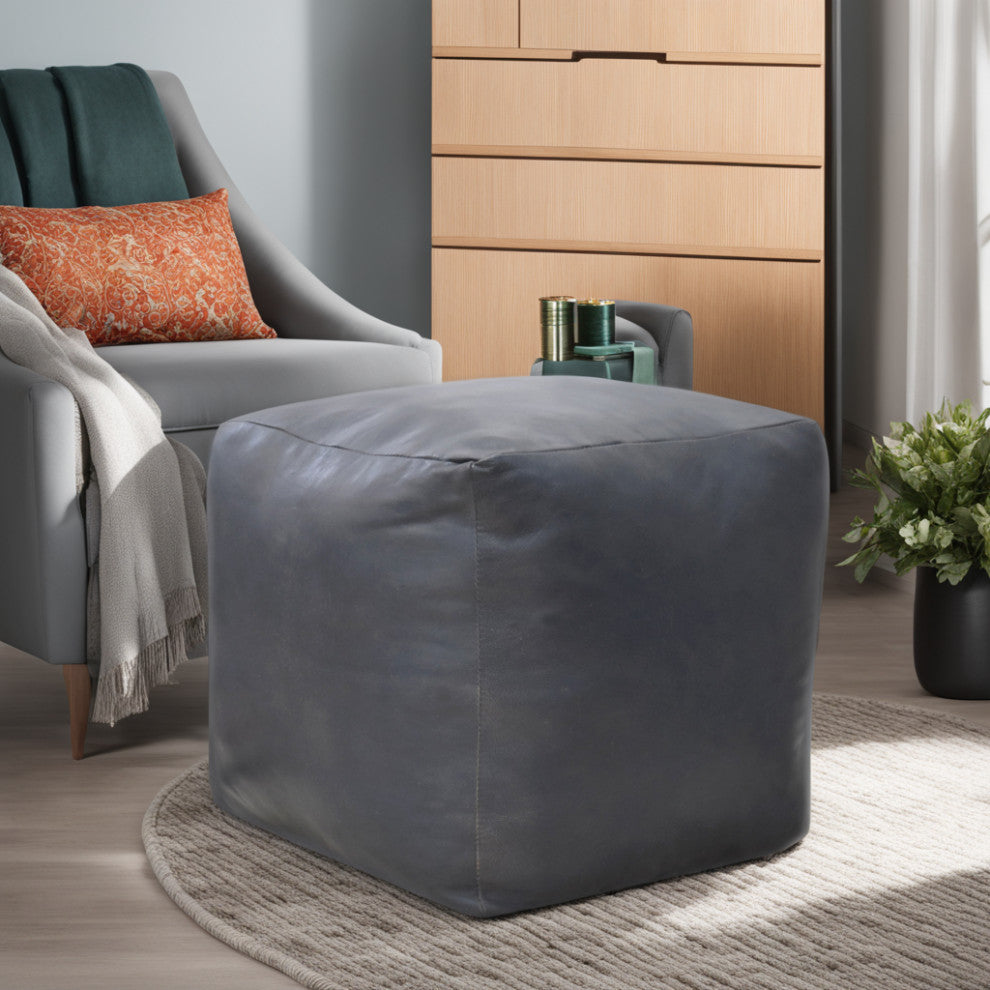 Poufs-Solid Goat Leather Pouf, Handmade (Recycled Cotton Fill), [Square) 14x14x14