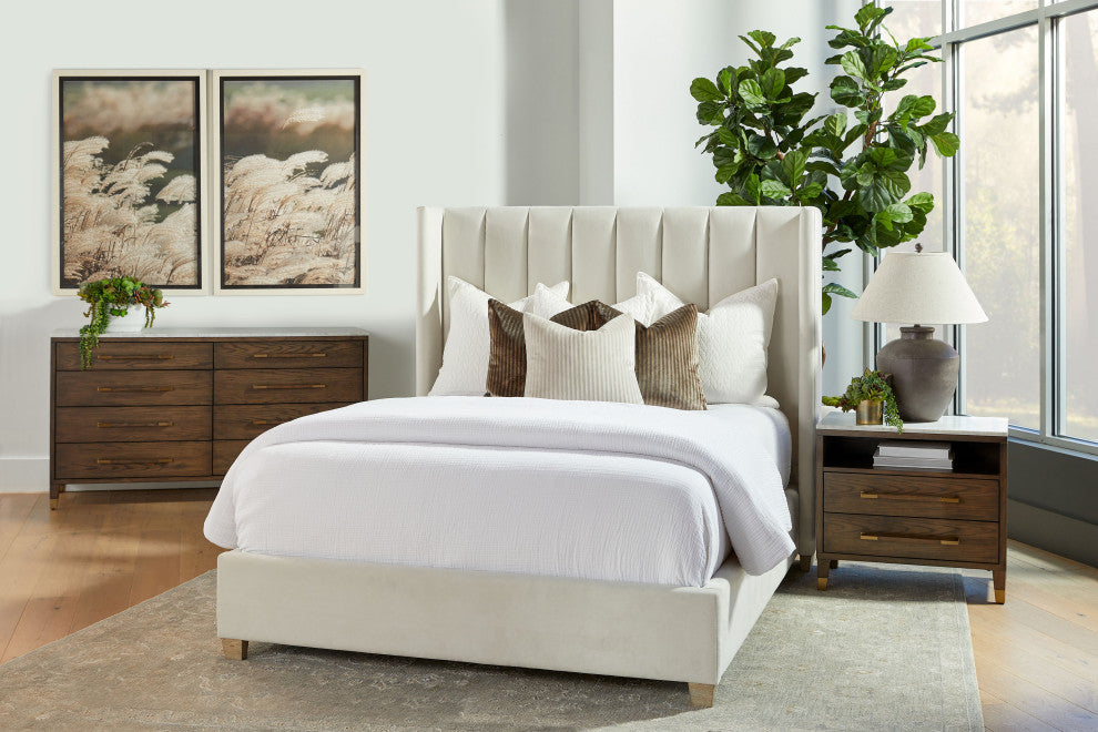 Chandler Bed, Cream Velvet, Natural Gray, Standard King
