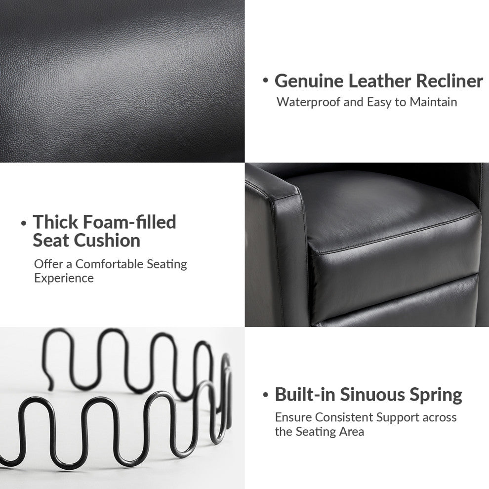 Genuine Leather Swivel Rocker Recliner With Adjustable Headrest, Black