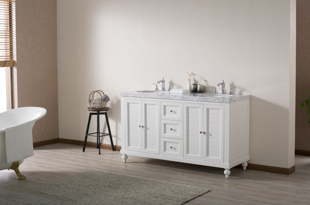 Stufurhome Kent 60" White Double Sink Bathroom Vanity, Without Faucet