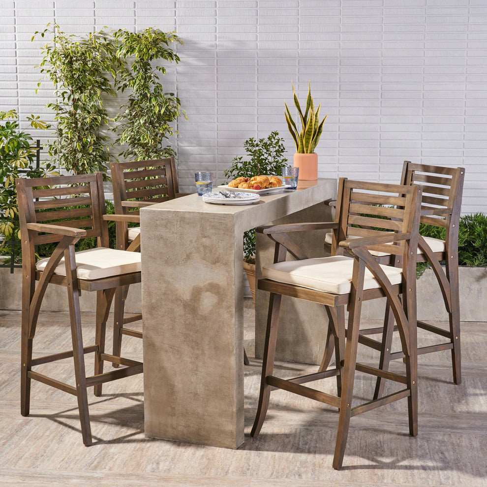 GDF Studio Hermosa Outdoor Acacia Barstool, Gray With Cream Cushion, Set of 4