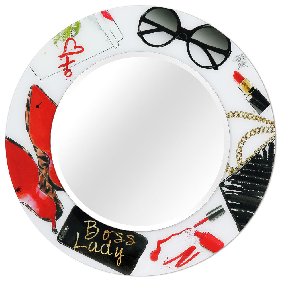 "Boss Lady" Round Beveled Wall Mirror on Floating Printed Tempered Art Glass