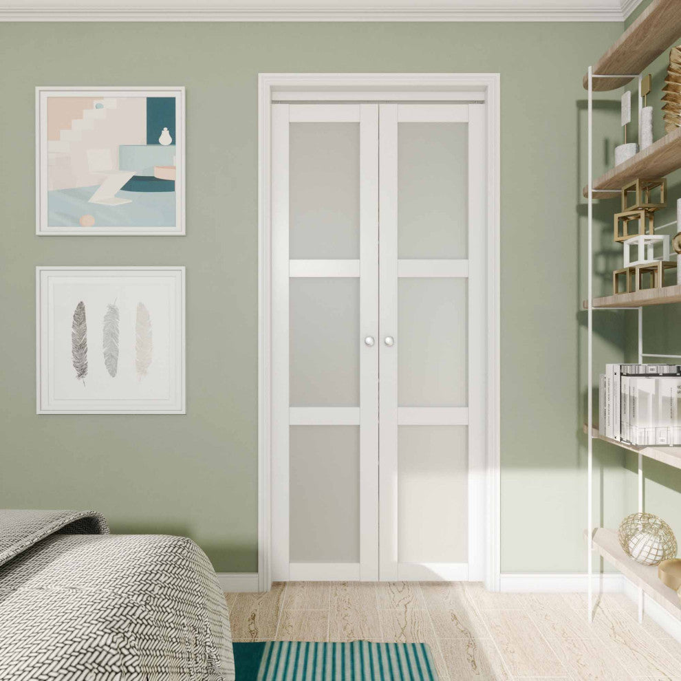 3-lite Frosted Glass Bi-Fold Door with Installation Hardware Kit, 36"w X 78"h