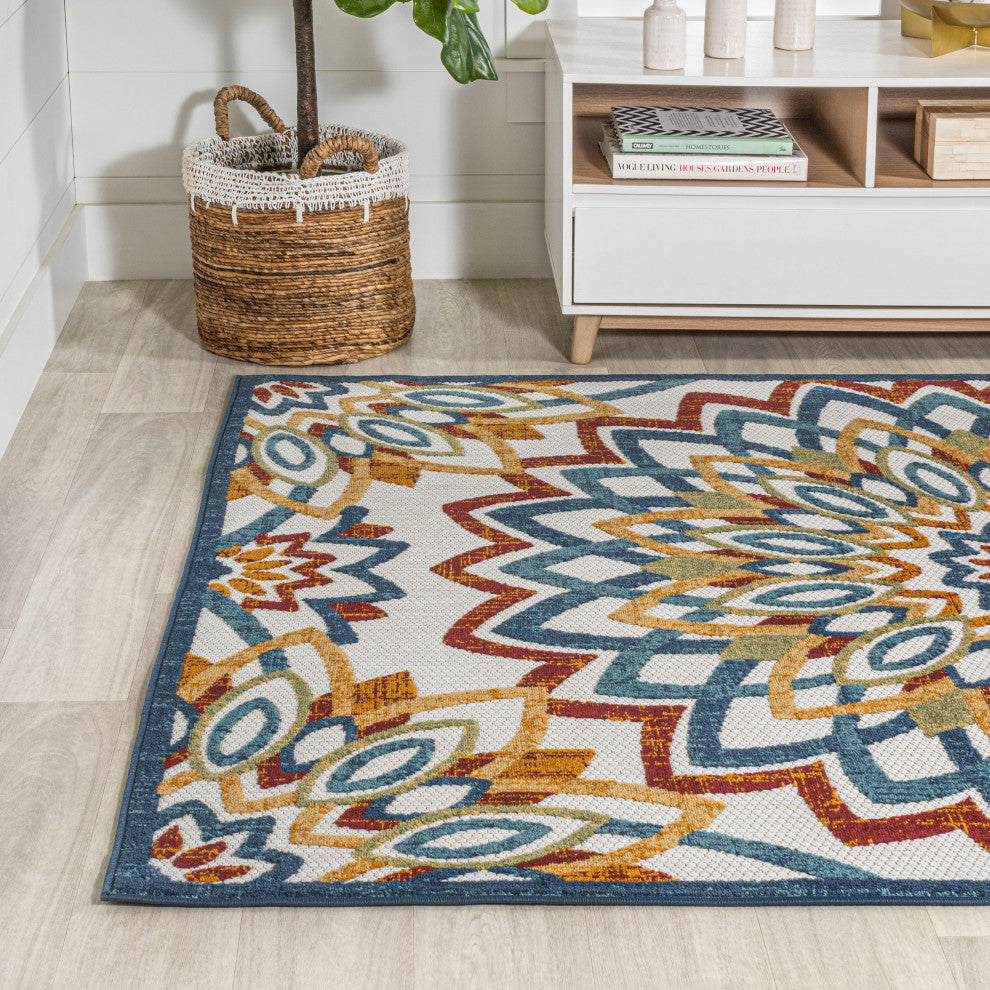 Flora Abstract Bold Mandala High-Low Indoor/Outdoor Area Rug, Red/Blue/Yellow