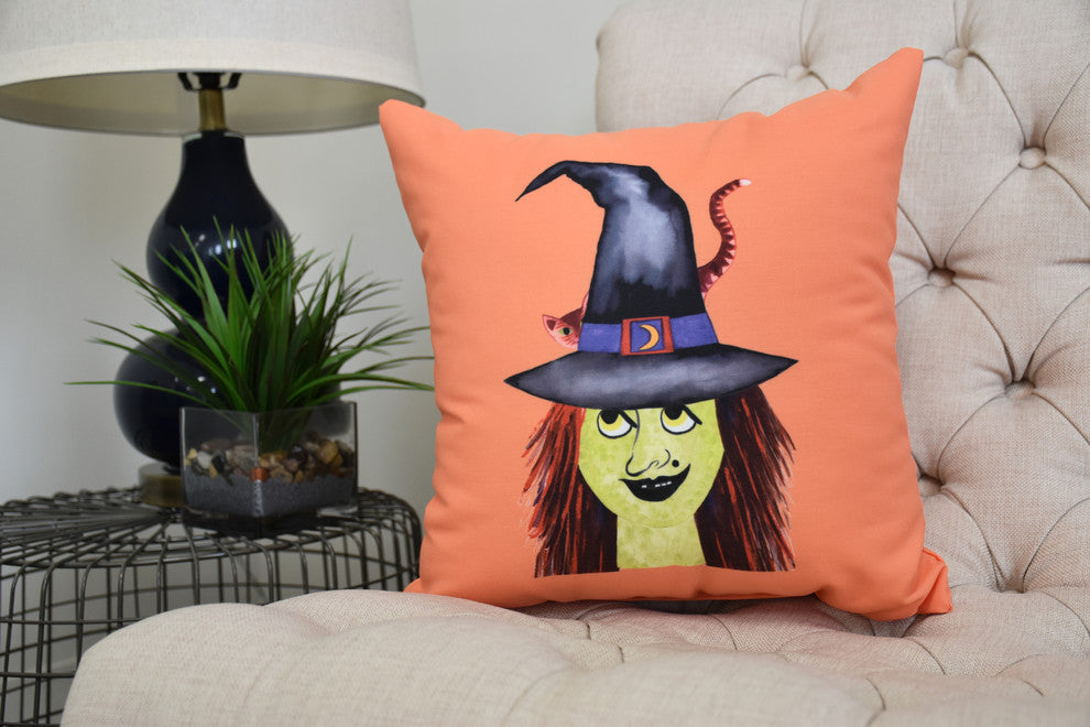 Witches Hat 16" Orange Halloween Print Decorative Throw Pillow