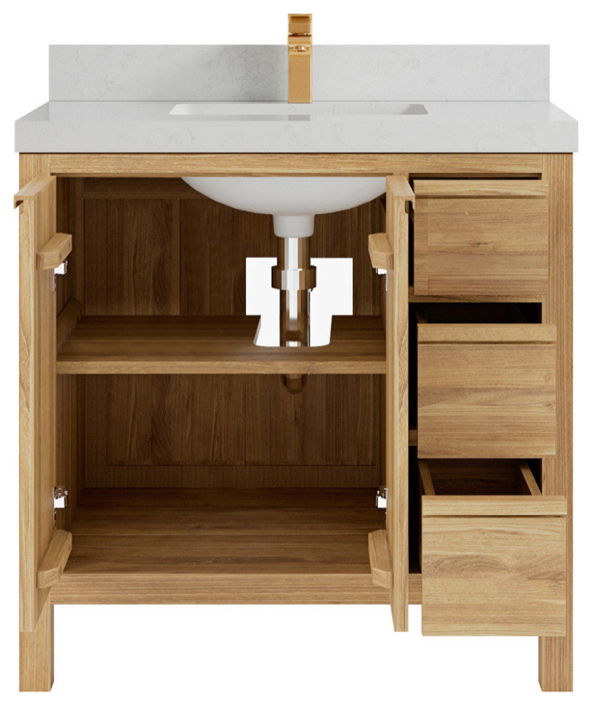 Elizabeth 36 Center Sink Bath Vanity in Light Natural Teak 2" Carrara Quartz