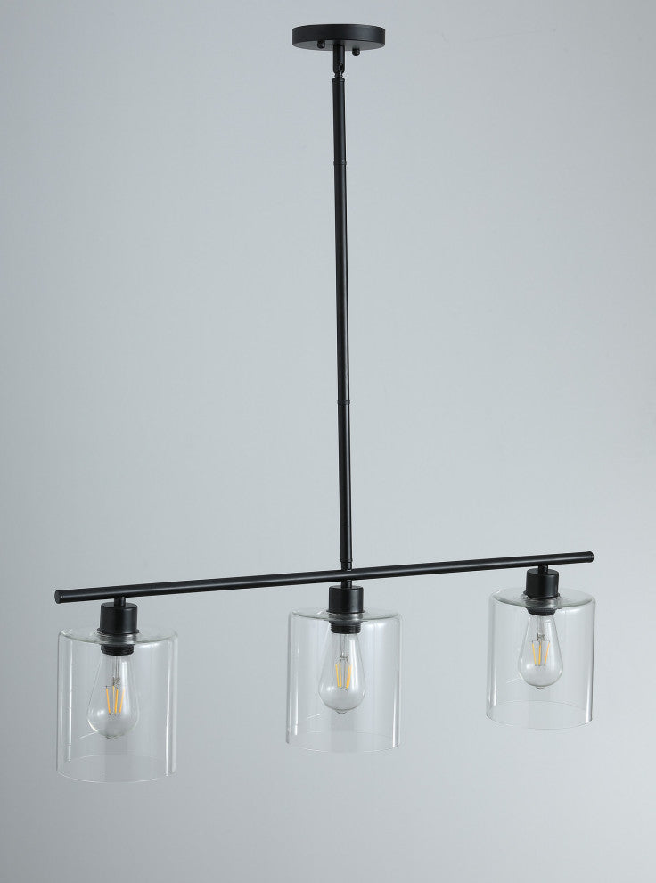 3-Light Kitchen Island Light Black Wrought Iron Linear Chandelier, Black