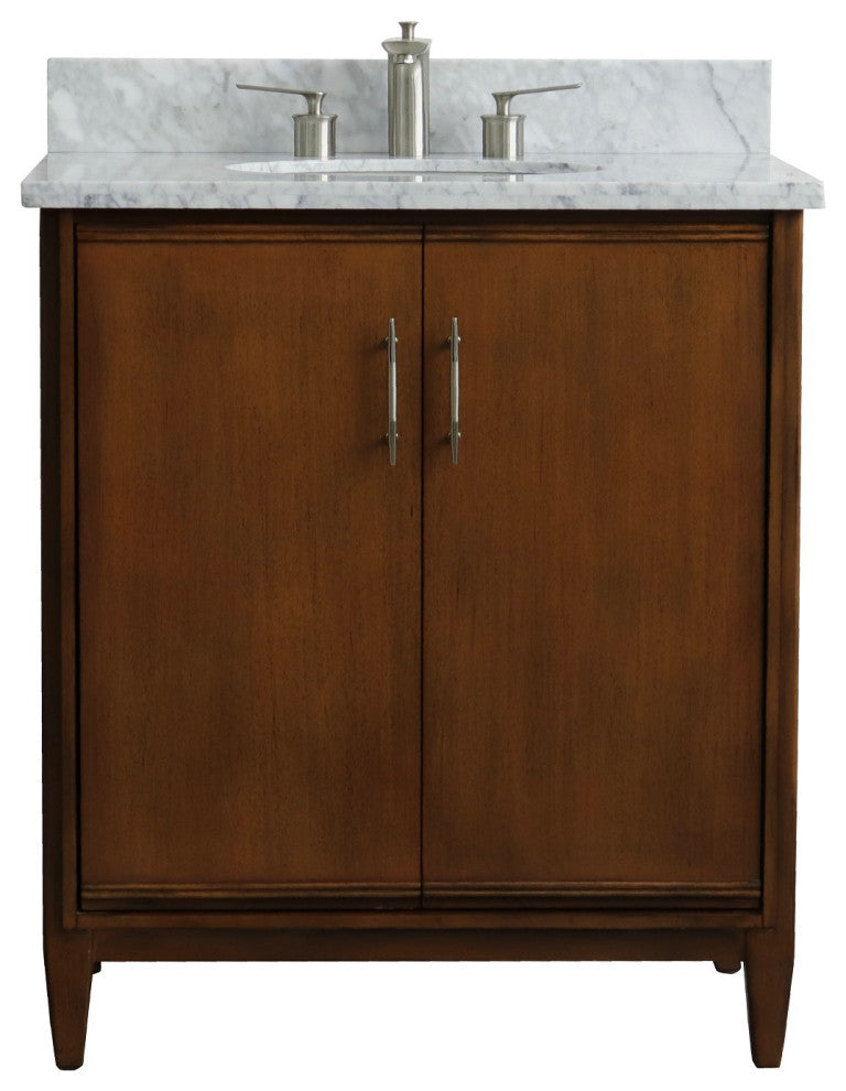 31" Single Sink Vanity, Walnut Finish, White Carrara Marble With Oval Sink