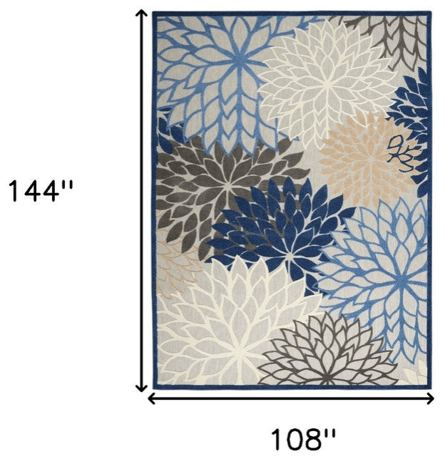 9' X 12' Blue Floral Non Skid Indoor Outdoor Area Rug
