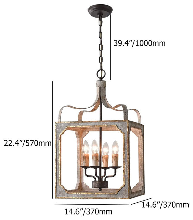 4-Light Lantern Chandelier Square Candelabra Pendant Light, Antique Gray
