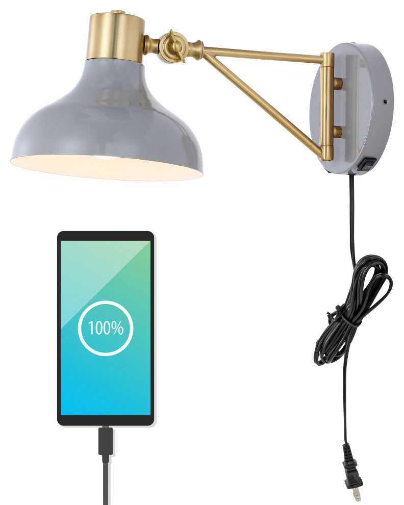 Lynn Swing Arm 1-Light Modern Midcentury Iron USB Charging Port LED Sconce, Gray
