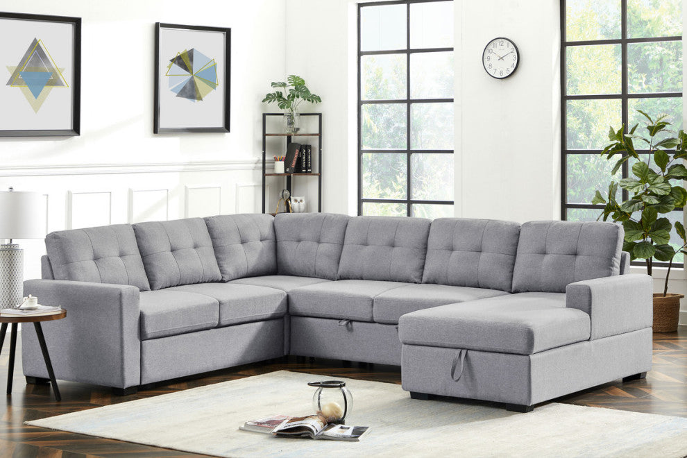 Selene Light Gray Linen Fabric Sleeper Sectional Sofa With Storage Chaise