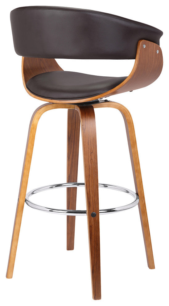 Artemis 30" Mid-Century Swivel Barstool, Brown Faux Leather With Wooden Legs