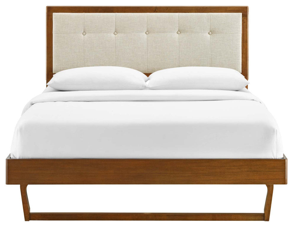 Willow Queen Wood Platform Bed With Angular Frame Walnut Beige