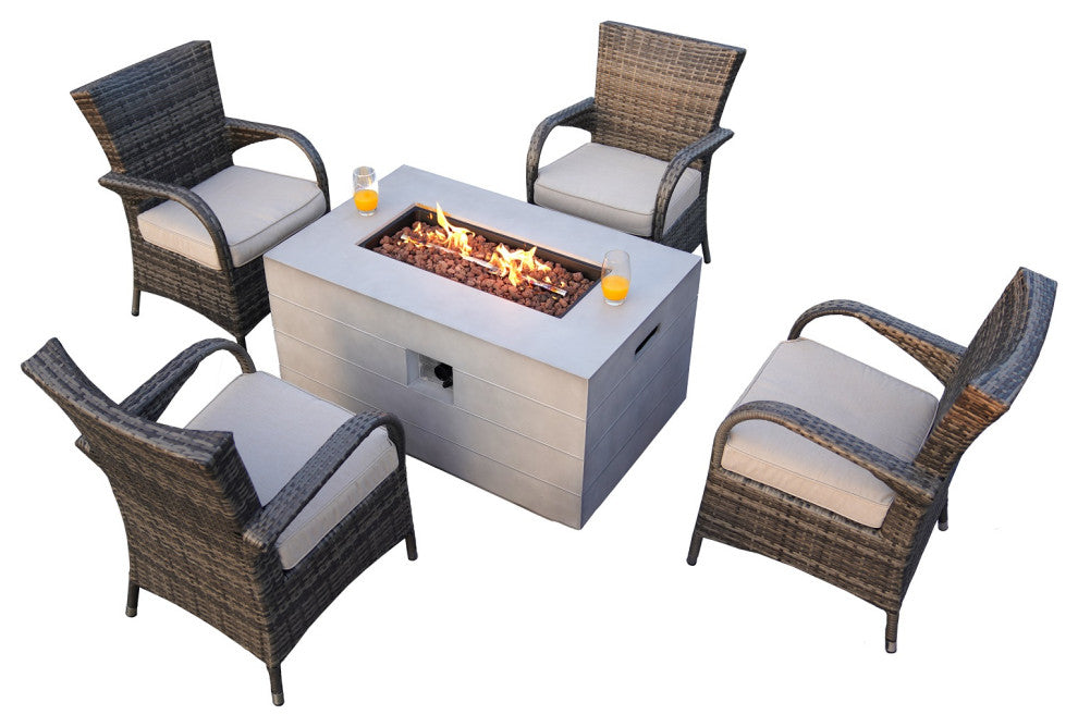 Patio Wood Coating Propane Fire Pit Table with Cushioned Chairs, Rectangle-1