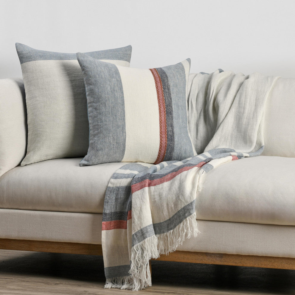 Fairbanks 22" Blue Belgian Linen Throw Pillow by Kosas Home