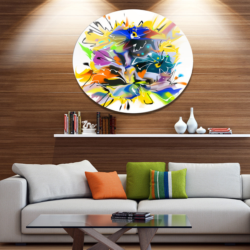 Yellow Blue Abstract Floral Design, Floral Round Metal Wall Art, 11"