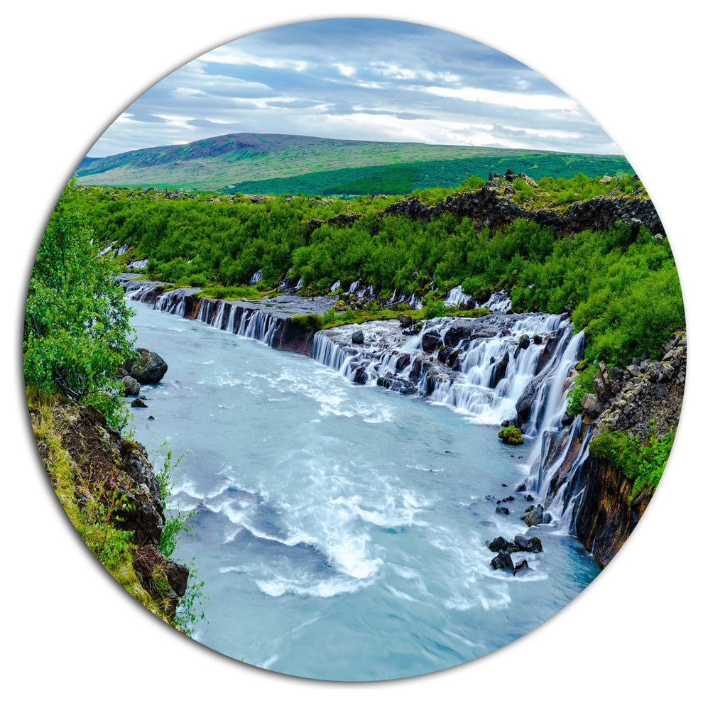 Hraunfossar Waterfall Iceland, Modern Landscape Round Wall Art, 36"