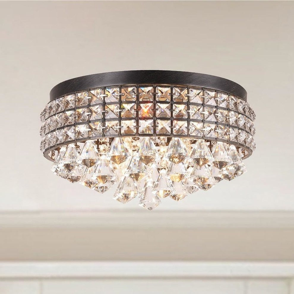 Iron Shade Crystal Flush Mount Chandelier - Black Finish