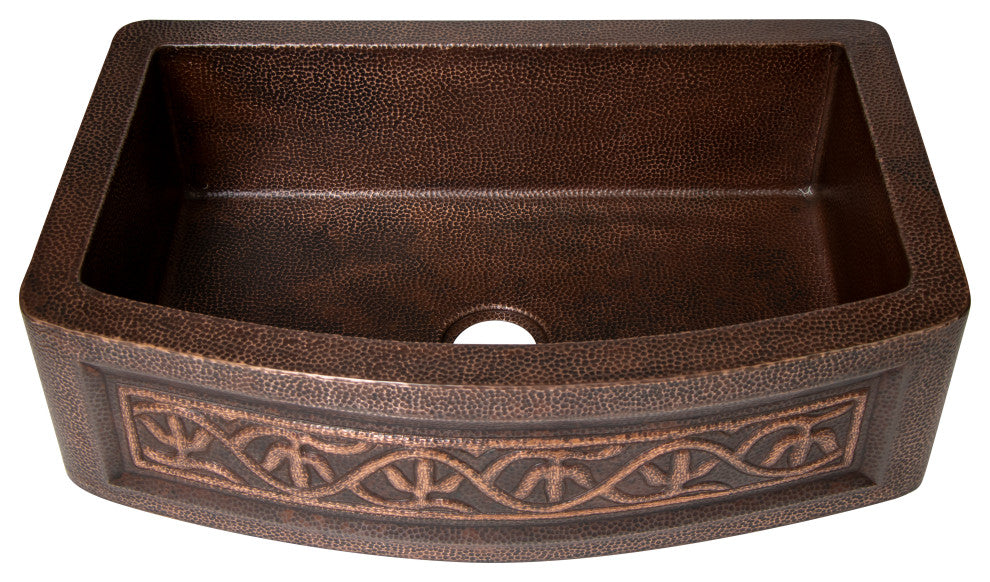 33" Farmhouse One Bowl Cactus Round Apron Hammered Copper Kitchen Sink, 16 Gauge