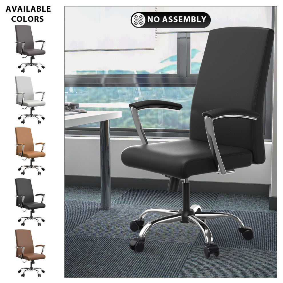 LeisureMod Evander Swivel Office Chair in Leather With Silver Frame, Black
