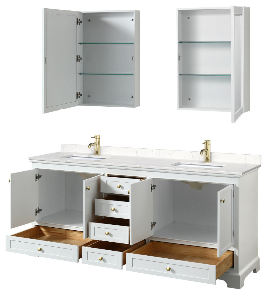 80"DBL Vanity White, Carrara Cult. Marble Top, Sinks, Gold Trim, Med. Cabinets
